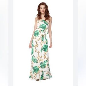 New The Webster Tropical Hawaiian Palm Tree Maxi Dress Strapless Green White L